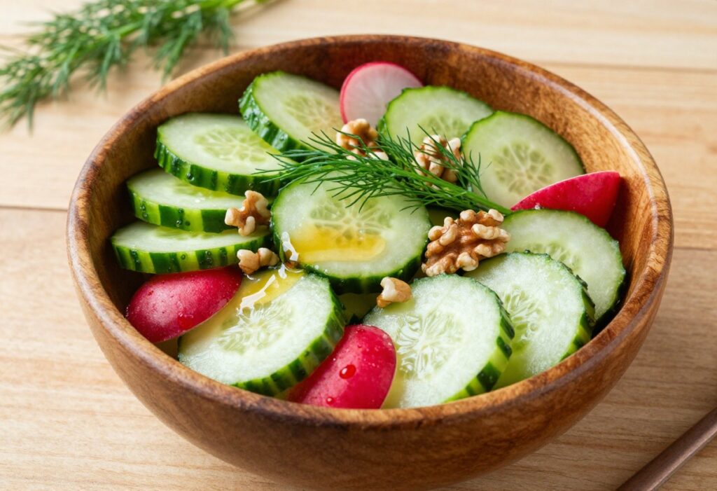 A colorful cucumber salad with dill, vinegar dressing, and crunchy toppings in a bowl on a wooden table.