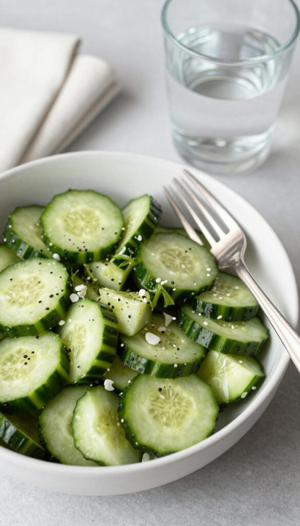 Bold Mint Cucumber Salad served with a fork and water