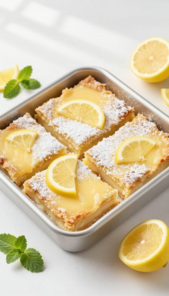 Freshly baked lemon bars dusted with powdered sugar in a square pan, with lemon slices and mint leaves on a white surface.