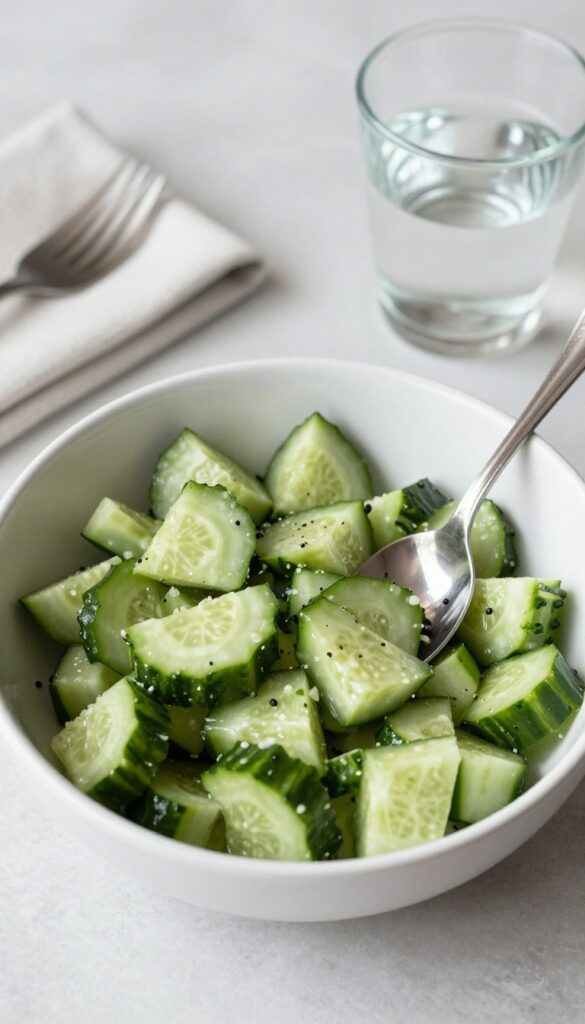 Cottage cheese cucumber salad with serving spoon, overhead view