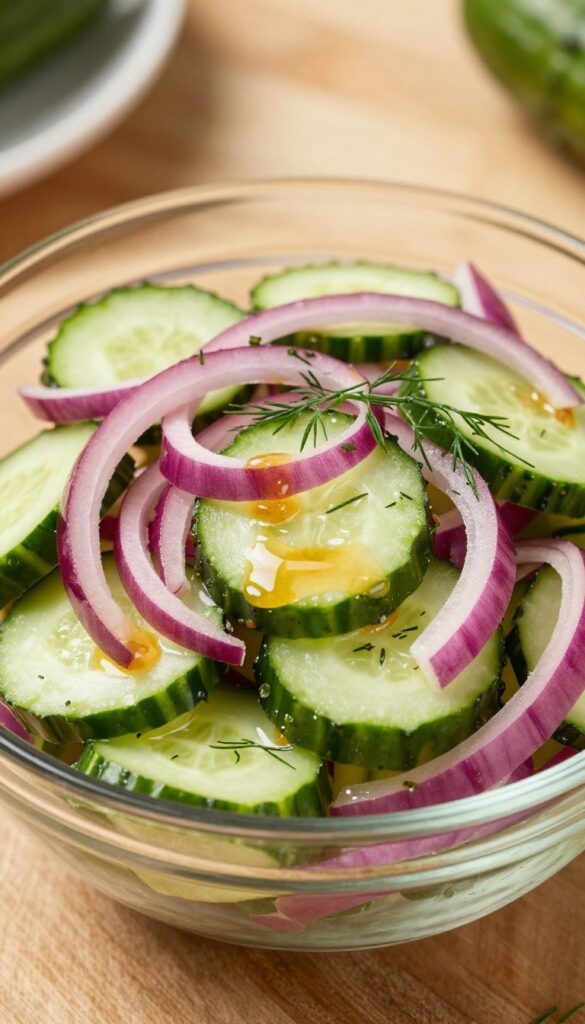 Sweet and tangy cucumber onion salad in a glass bowl with fresh dill