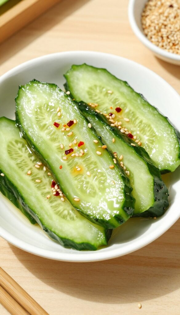 Asian sesame cucumber salad in a white bowl with sesame seeds and chopsticks on a wooden table.
