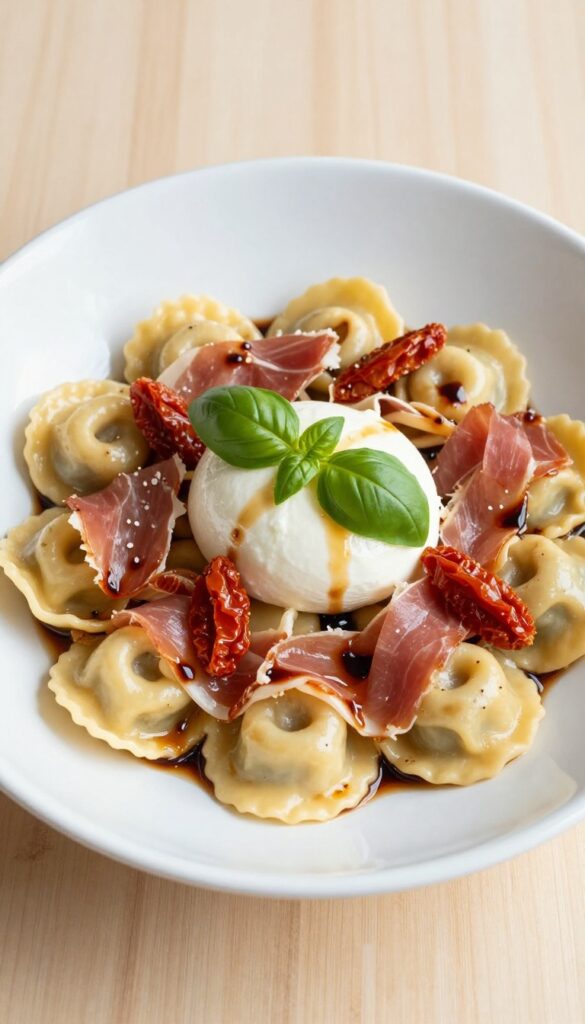 Bowl of prosciutto and mozzarella tortellini salad with balsamic dressing and basil
