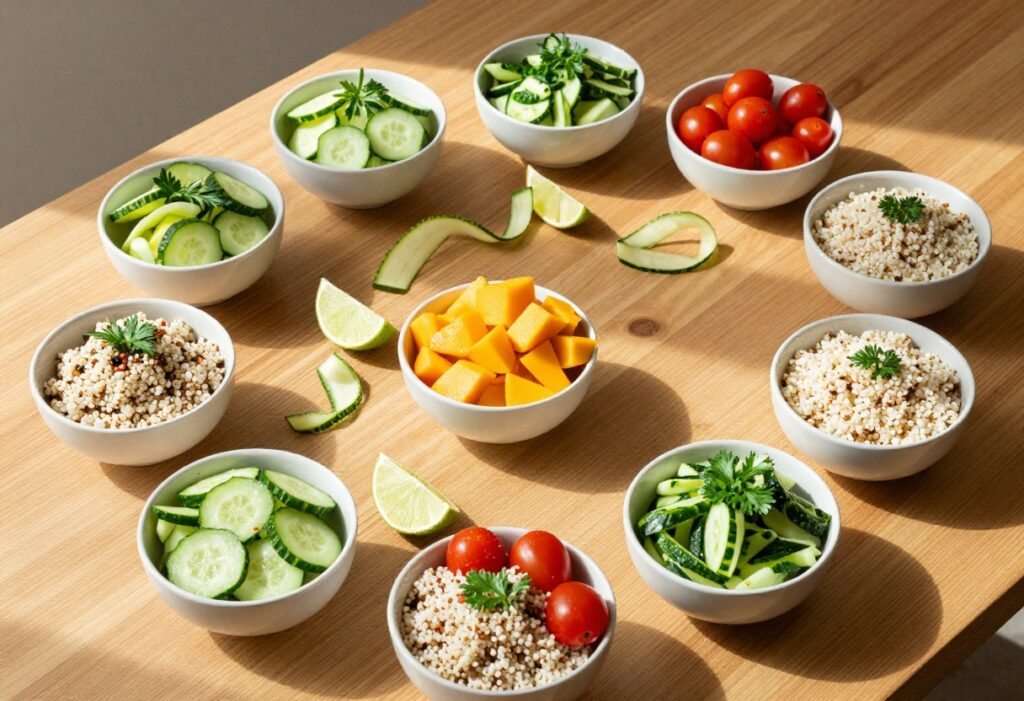 Overhead view of nine colorful vegan cucumber salads in small bowls on a wooden table