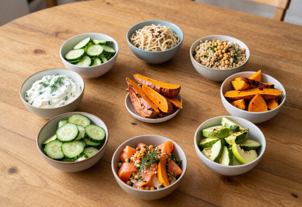 Seven bowls of cucumber salads arranged on a wooden table, each with unique ingredients and dressings.