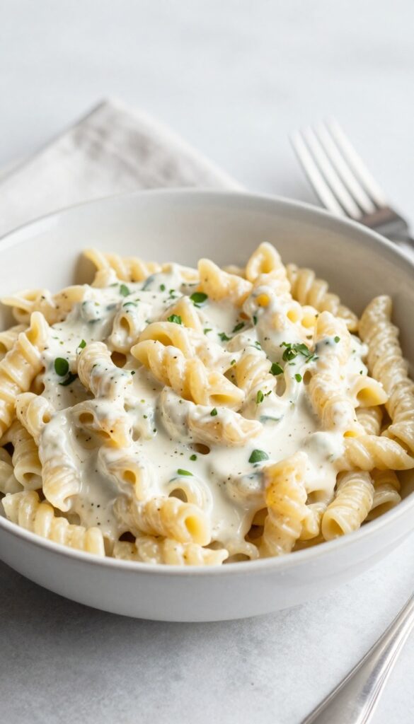 Creamy ranch pasta salad in a bowl with fork and napkin on table
