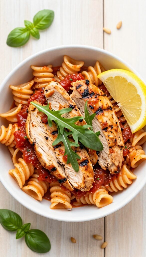 Sun-dried tomato pesto pasta salad with grilled chicken and arugula in a white bowl on a wooden table