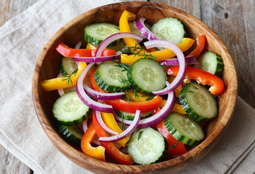 Tangy Pepper Cucumber Salad in a wooden bowl with colorful peppers and dill