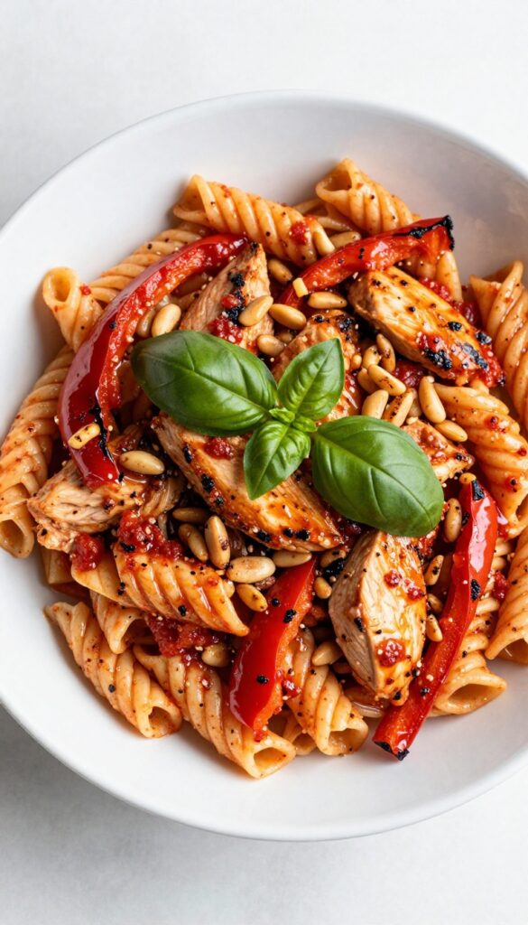 Spicy arrabbiata pesto chicken pasta salad in a white bowl