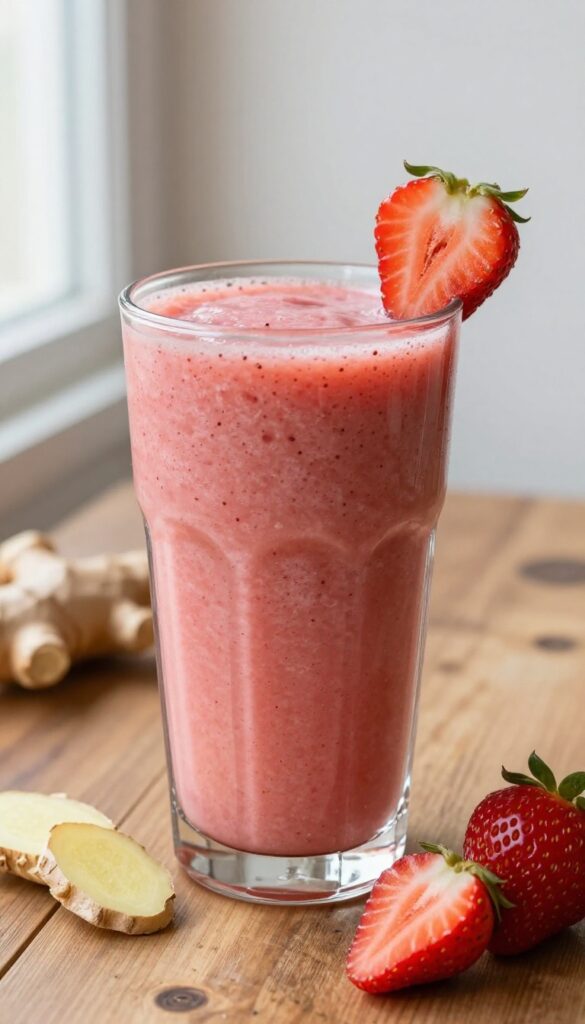 A close-up photo of a spicy strawberry ginger smoothie in a glass, garnished with ginger and strawberry, showcasing its vibrant color and texture in natural light.