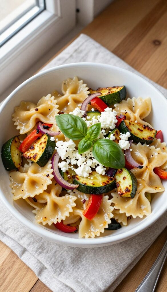 Bowtie pasta salad with roasted vegetables and goat cheese