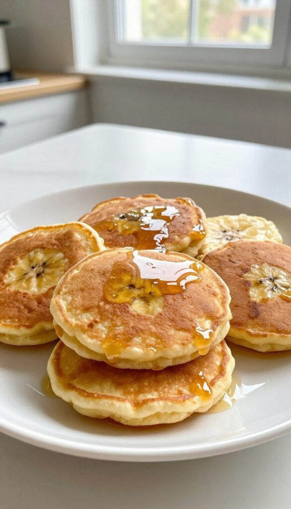 Golden banana pancake bites on a white plate in natural light, representing an easy 3-ingredient dessert recipe.