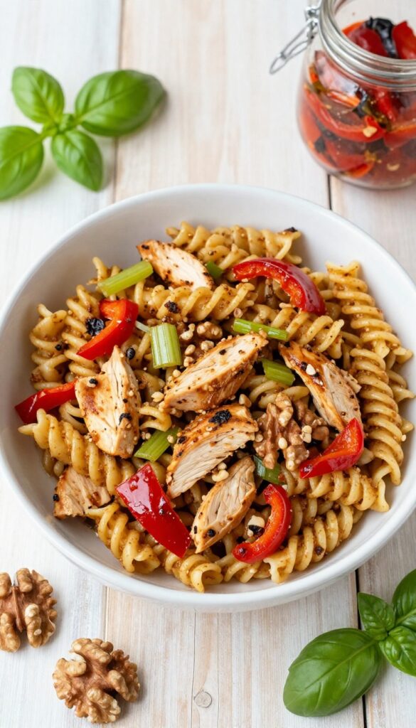 Bowl of roasted red pepper and walnut pesto chicken pasta salad on wooden table