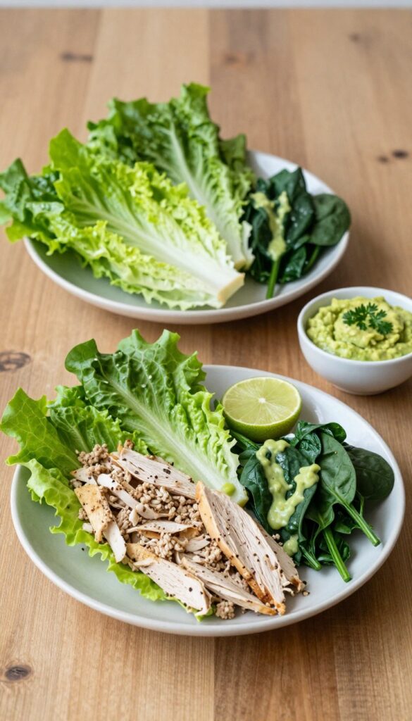 A plate of turkey and spinach lettuce wraps with avocado sauce, showcasing a low-carb, low-cholesterol recipe in a bright, natural setting.