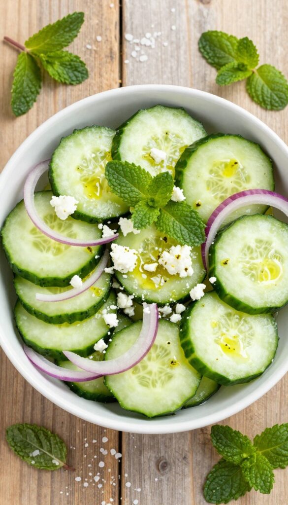 Cool mint and feta cucumber salad in a bowl with fresh ingredients.