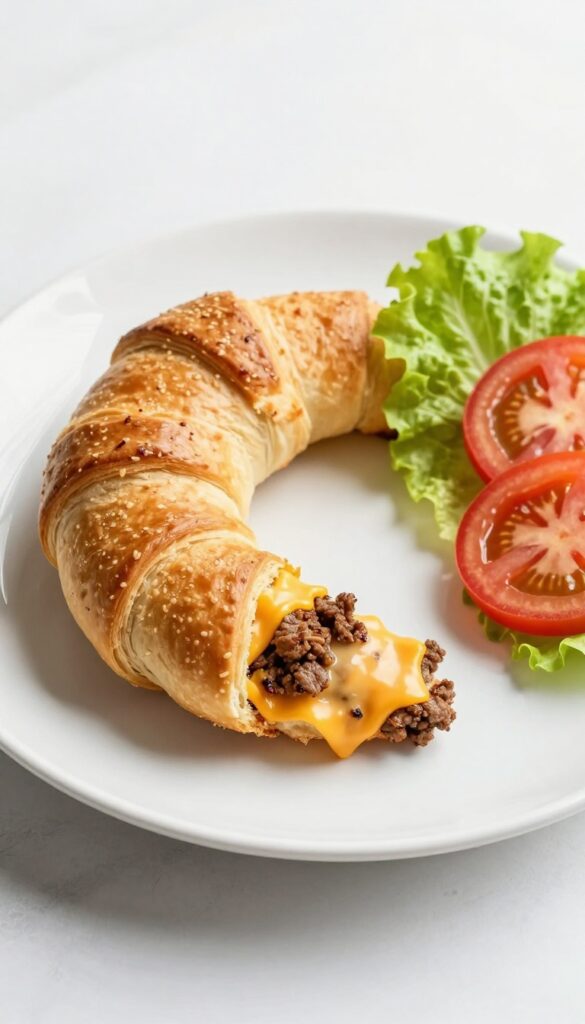 A baked taco crescent roll ring with beef and cheese filling, served with lettuce and tomato, on a white plate in natural light.