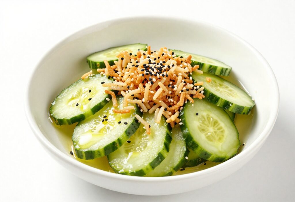 Cucumber salad with crispy rice and sesame seeds in a white bowl