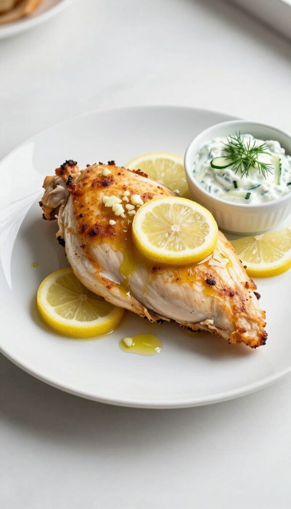 A close-up of lemon garlic chicken with creamy tzatziki, showcasing juicy, tender chicken and fresh ingredients in a bright, natural kitchen scene.