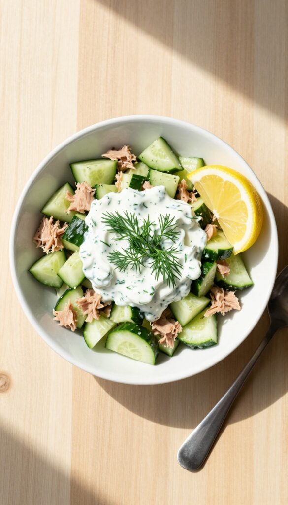Tuna and cucumber salad with Greek yogurt dill dressing in a white bowl