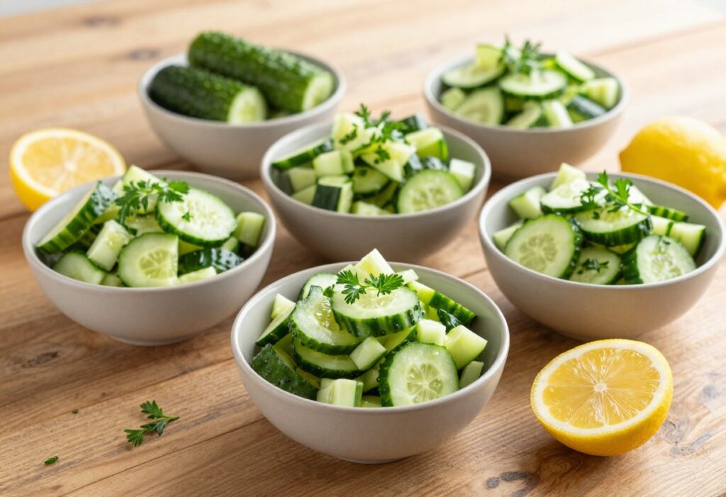 Assortment of colorful cucumber salads in bowls on a wooden table