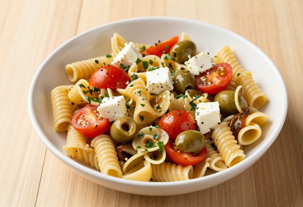 Colorful minimal-ingredient pasta salad with fresh vegetables and herbs in a bowl
