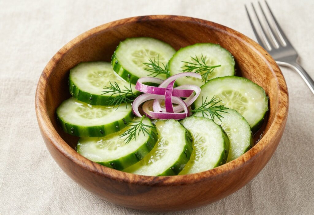 Fresh cucumber dill salad in a wooden bowl with vibrant green cucumbers and dill