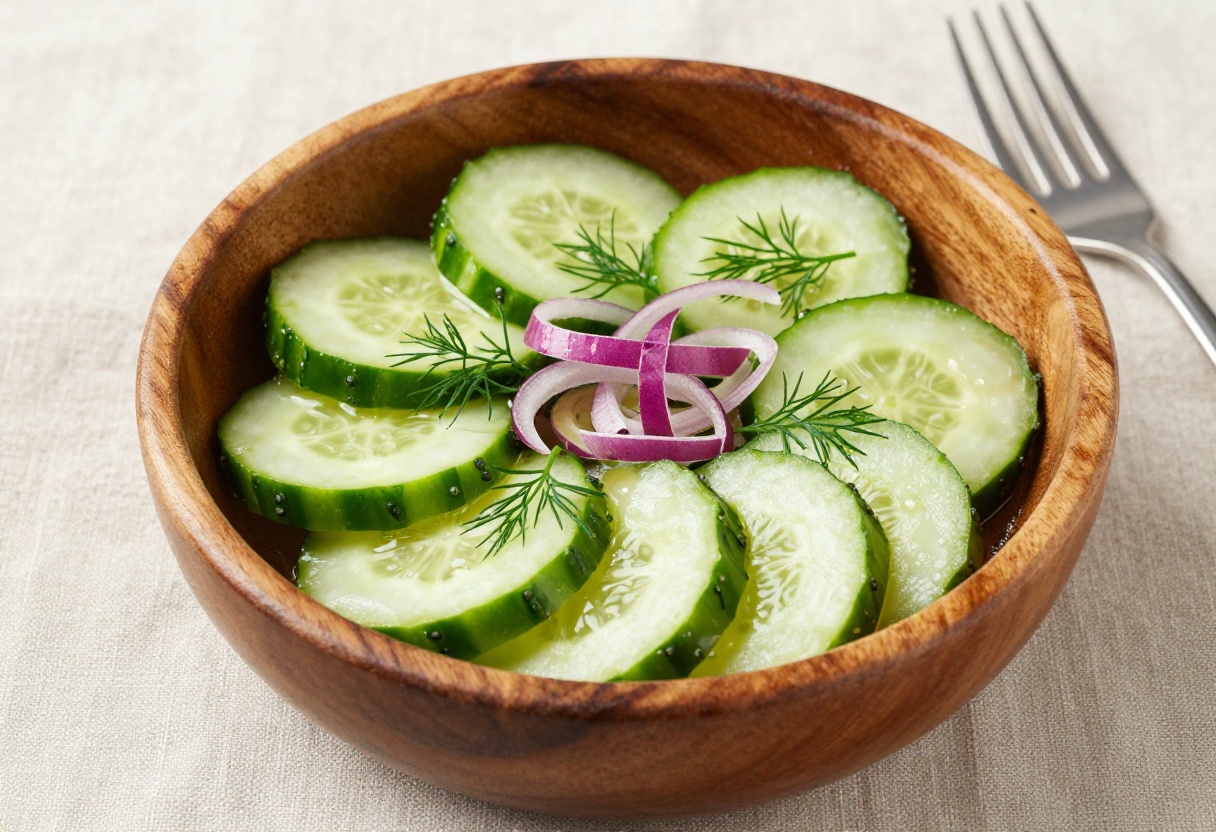 Fresh cucumber dill salad in a wooden bowl with vibrant green cucumbers and dill