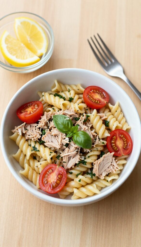 Lemon herb tuna pasta salad with cherry tomatoes in a white bowl on a wooden table.