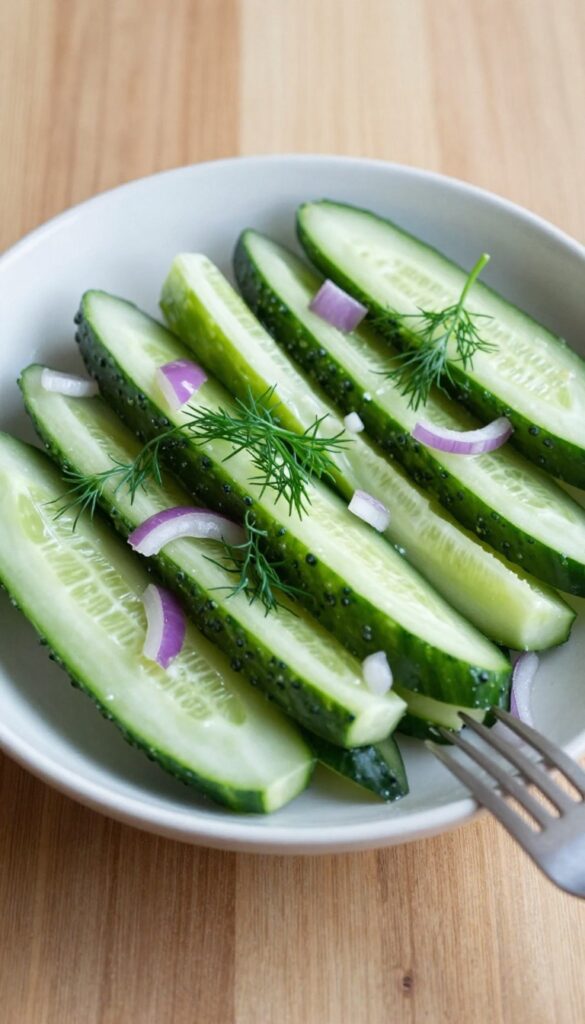 Cucumber salad with dill and onion on a wooden table