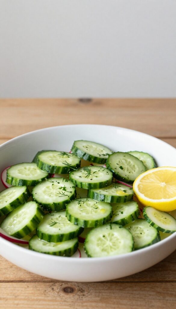 A bowl of crunchy cucumber and radish salad with lemon dressing and fresh herbs, arranged on a wooden table in natural light.