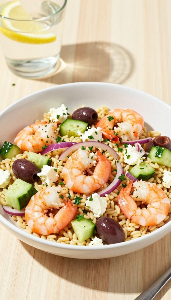 Mediterranean shrimp orzo salad with feta in a white bowl