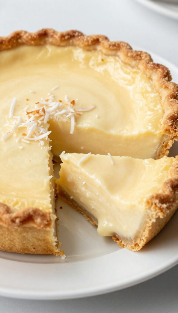 A slice of creamy coconut custard pie with a golden top and silky filling, showcasing coconut shreds, on a white plate in natural light