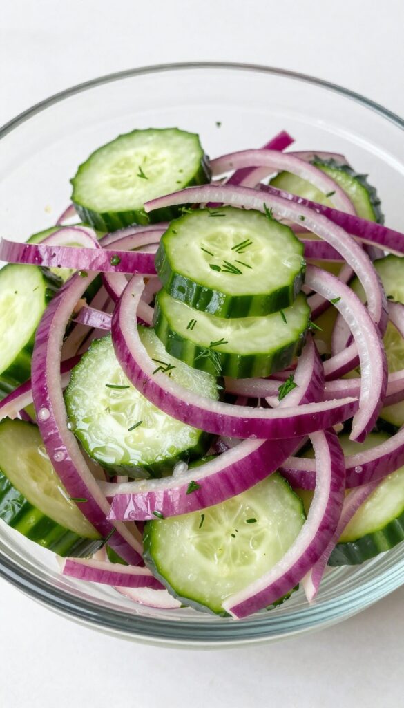 A close-up of a tangy cucumber and red onion salad in a glass bowl, showcasing thinly sliced cucumbers and red onions with a vinegar dressing and fresh herb garnish, ideal for light meals and sides.