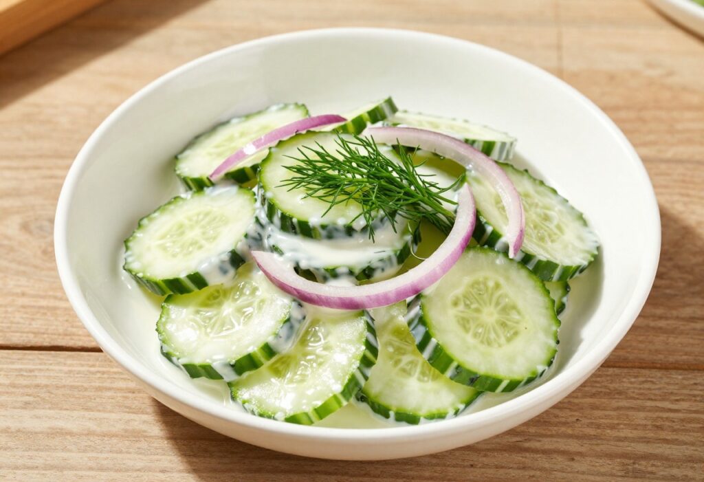 Fresh cucumber salad with dill and onion in a white bowl on a wooden table