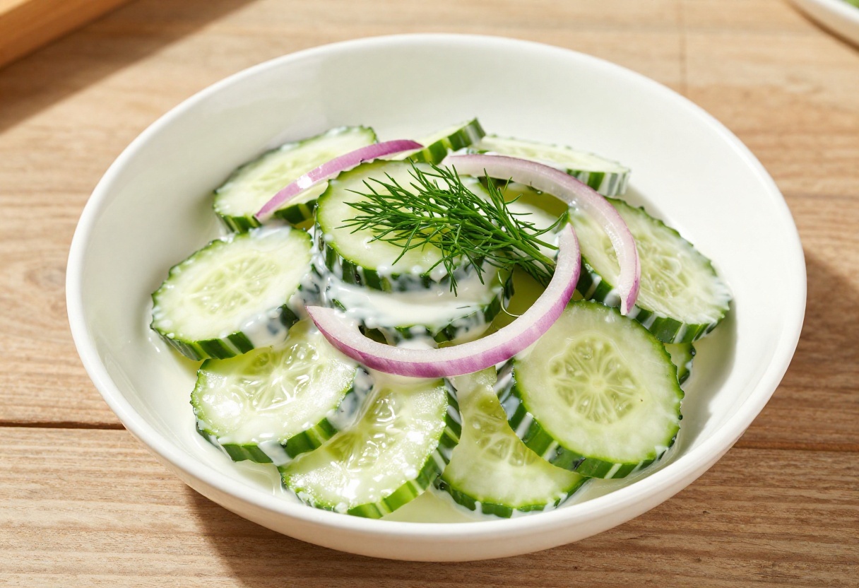 Fresh cucumber salad with dill and onion in a white bowl on a wooden table