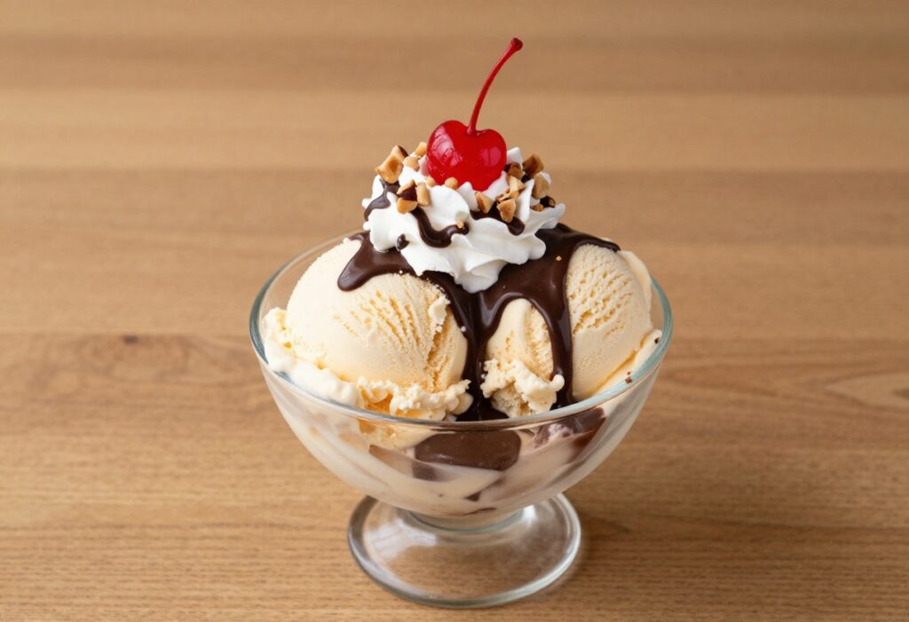 A classic hot fudge sundae with vanilla ice cream, hot fudge sauce, whipped cream, nuts, and a cherry, representing easy and indulgent ice cream dessert recipes.