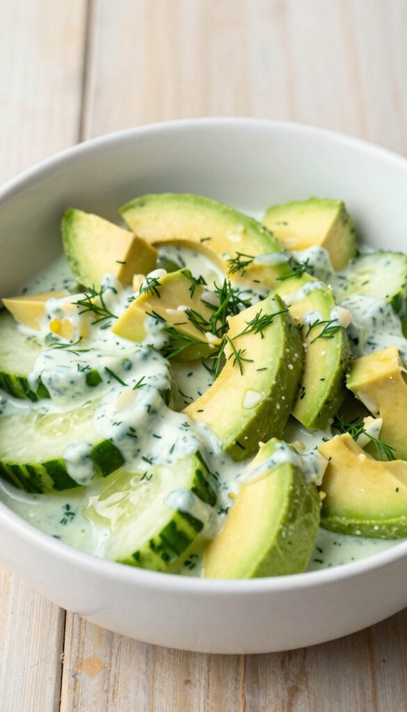Creamy avocado and cucumber salad in a white bowl on a wooden table