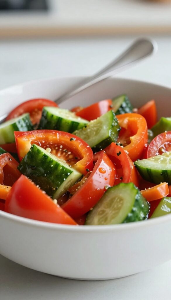 Close-up of cucumber salad with bell peppers and tomatoes in a white bowl, showing the bright dressing.