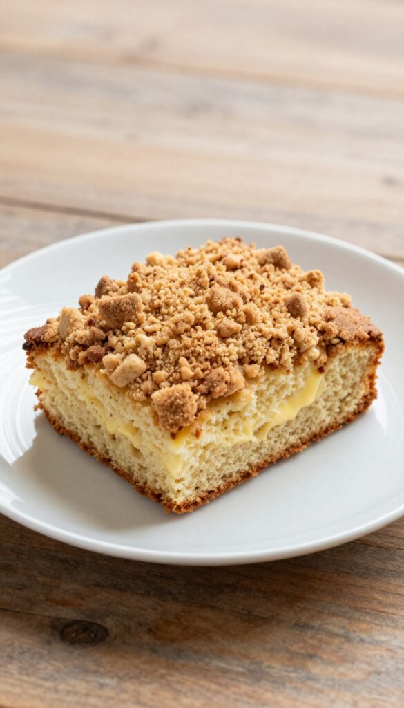 A close-up of a buttermilk cinnamon crumb coffee cake with a fluffy interior and crunchy topping, set in natural light for a blog article on homemade desserts.