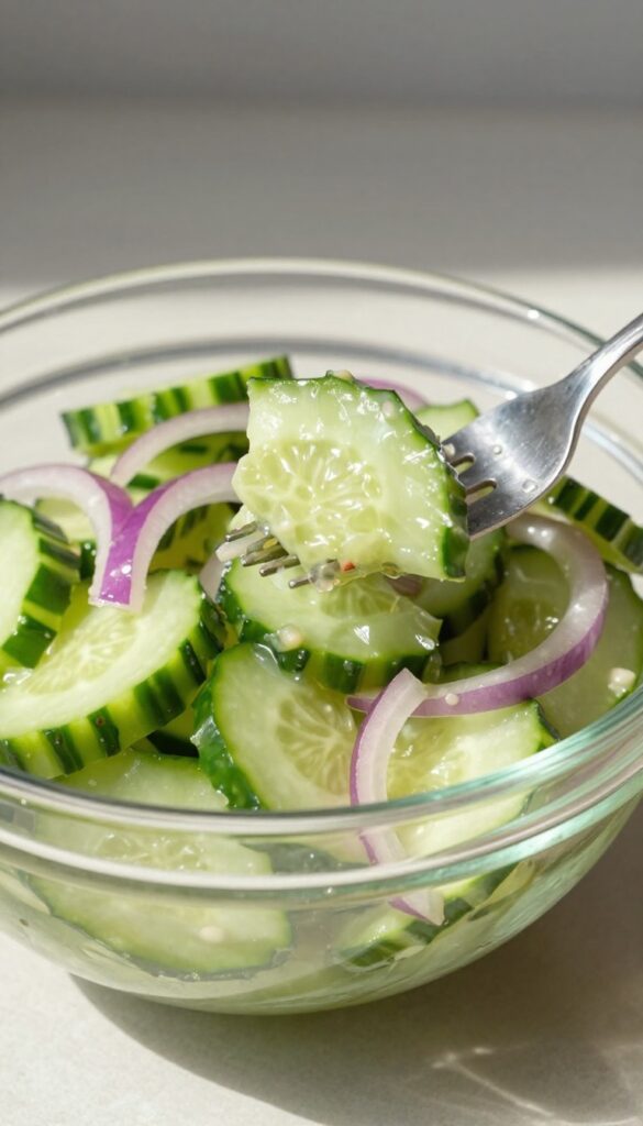 Close-up of Zesty Onion Cucumber Salad with dressing and fork