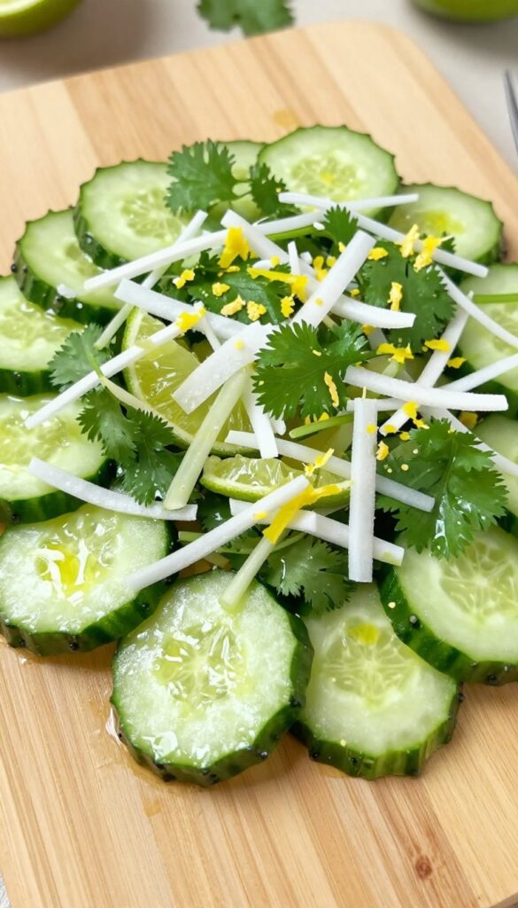 Tropical coconut-lime cucumber salad in a bowl with fresh cilantro and shredded coconut