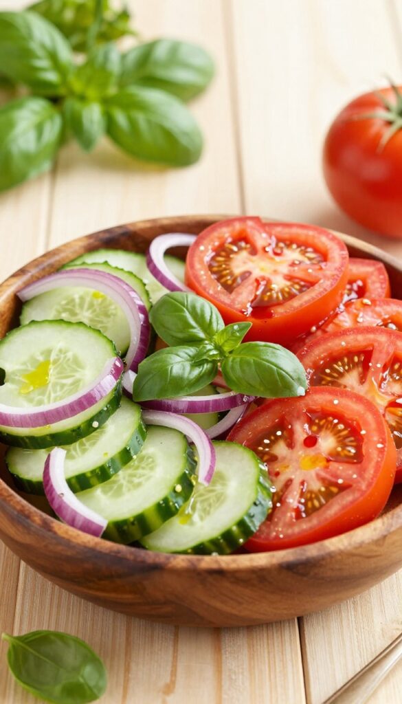 A rustic cucumber and tomato salad with fresh basil in a wooden bowl, bathed in natural light, evoking a cozy summer afternoon.