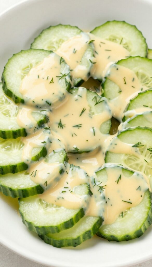 A bowl of sweet honey-mustard cucumber slaw with crisp cucumbers in a creamy dressing, garnished with fresh dill, presented in bright natural light for a cozy and inviting look.