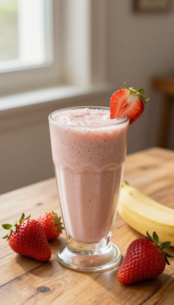 A creamy strawberry banana smoothie in a glass with fresh fruit on a wooden table