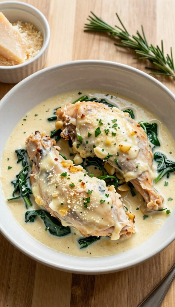Creamy garlic parmesan crockpot chicken with spinach in a bowl on a wooden table