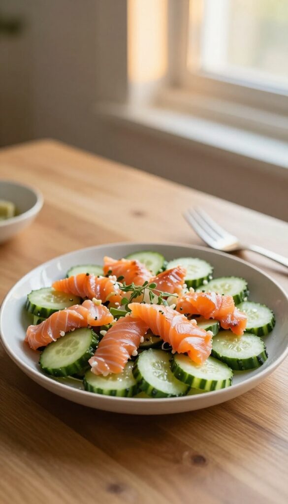 Salmon cucumber salad on a wooden table with fork, showing flaked salmon and fresh vegetables.