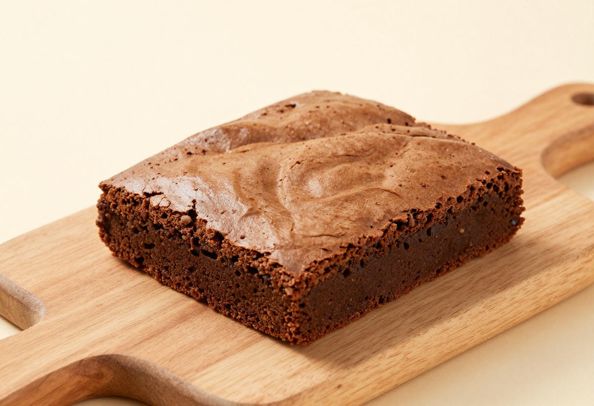 A fudgy banana brownie on a wooden board