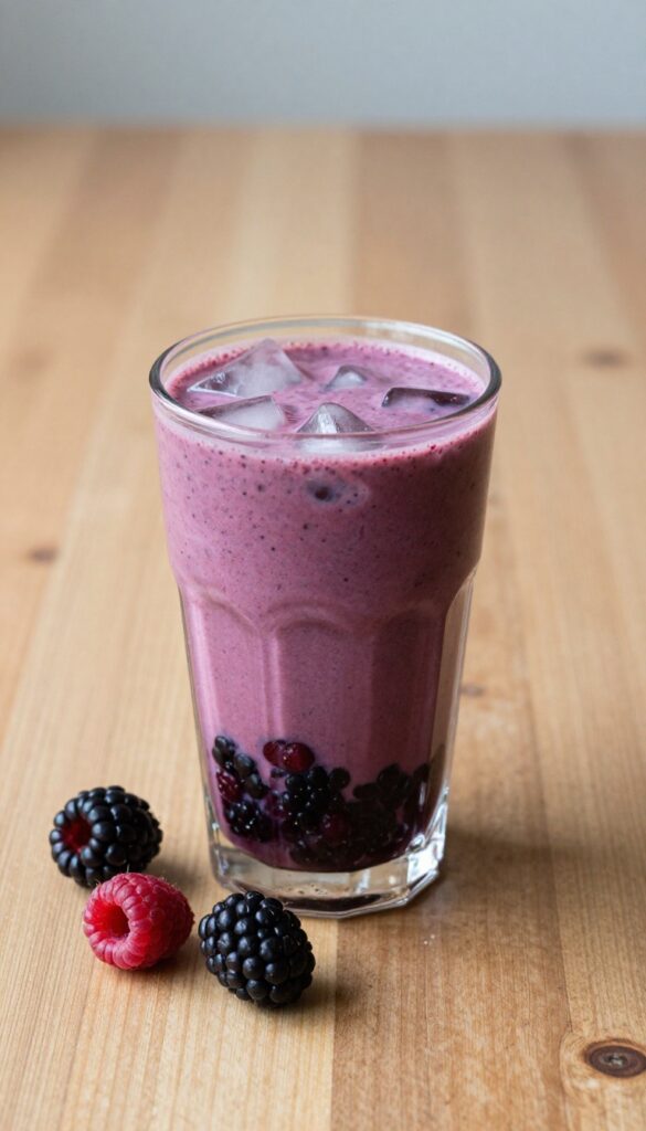 A vibrant mixed berry smoothie in a glass, garnished with fresh berries, showcasing its rich color and creamy texture in natural light.