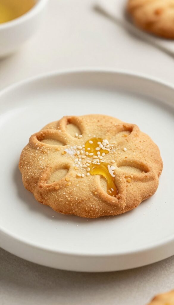 A close-up of a Dasik, a Korean tea cookie made from soybean powder and honey, shaped with decorative molds, resting on a ceramic plate in natural light, representing a no-cook dessert that is light and perfect for tea time.