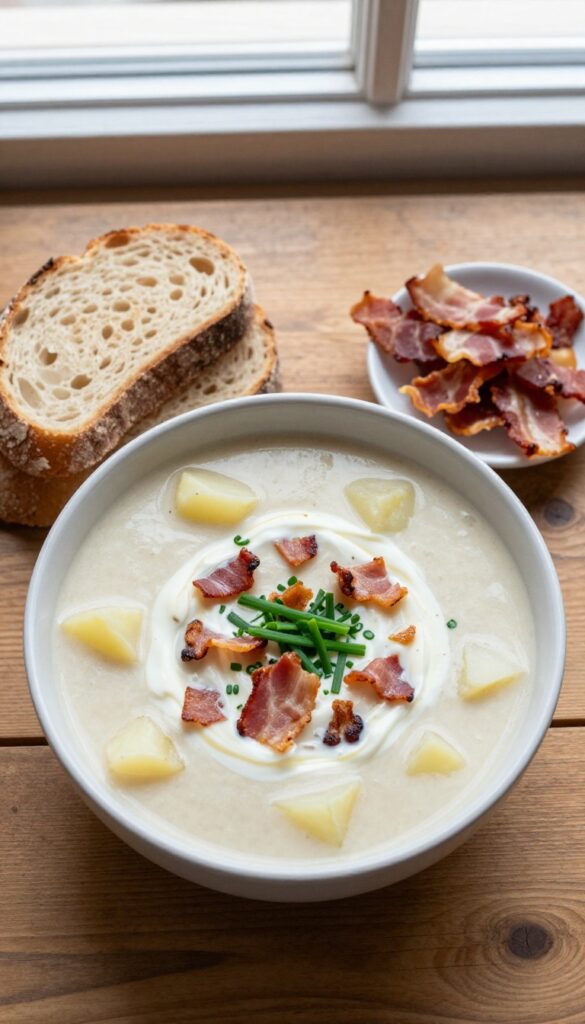 Bowl of creamy bacon potato soup with crispy bacon bits and chives on a wooden table.